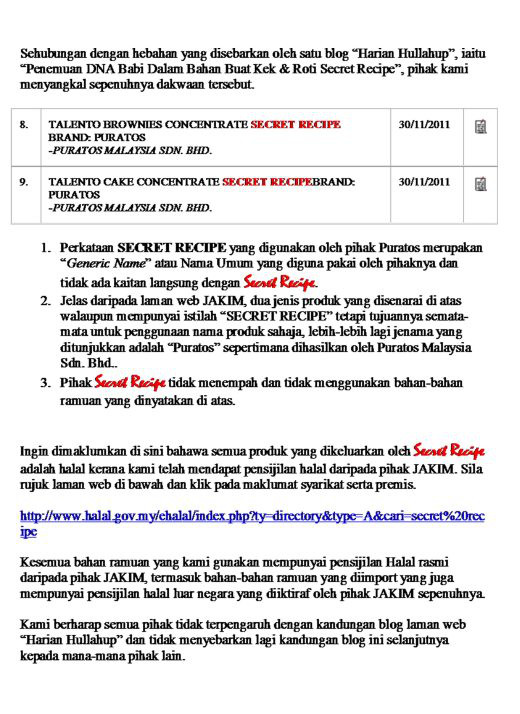 (HEBAHAN) Secret Recipe Malaysia Nafi Kek Ada Unsur Babi