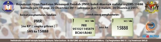 Semak Keputusan PMR 2011 dengan mySMS pada 22 Disember